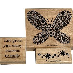 Stampin Up! Reason To Smile Wood Mounted Rubber Stamps Set Of 3 Butterfly & Flor